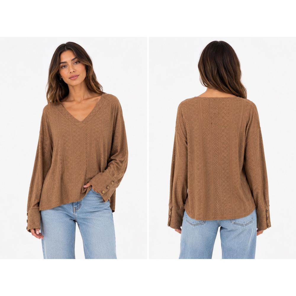 Dokotoo V Neck Top Womens XL Tan Eyelet Pointelle Knit Long Sleeve Boho‎ Blouse
